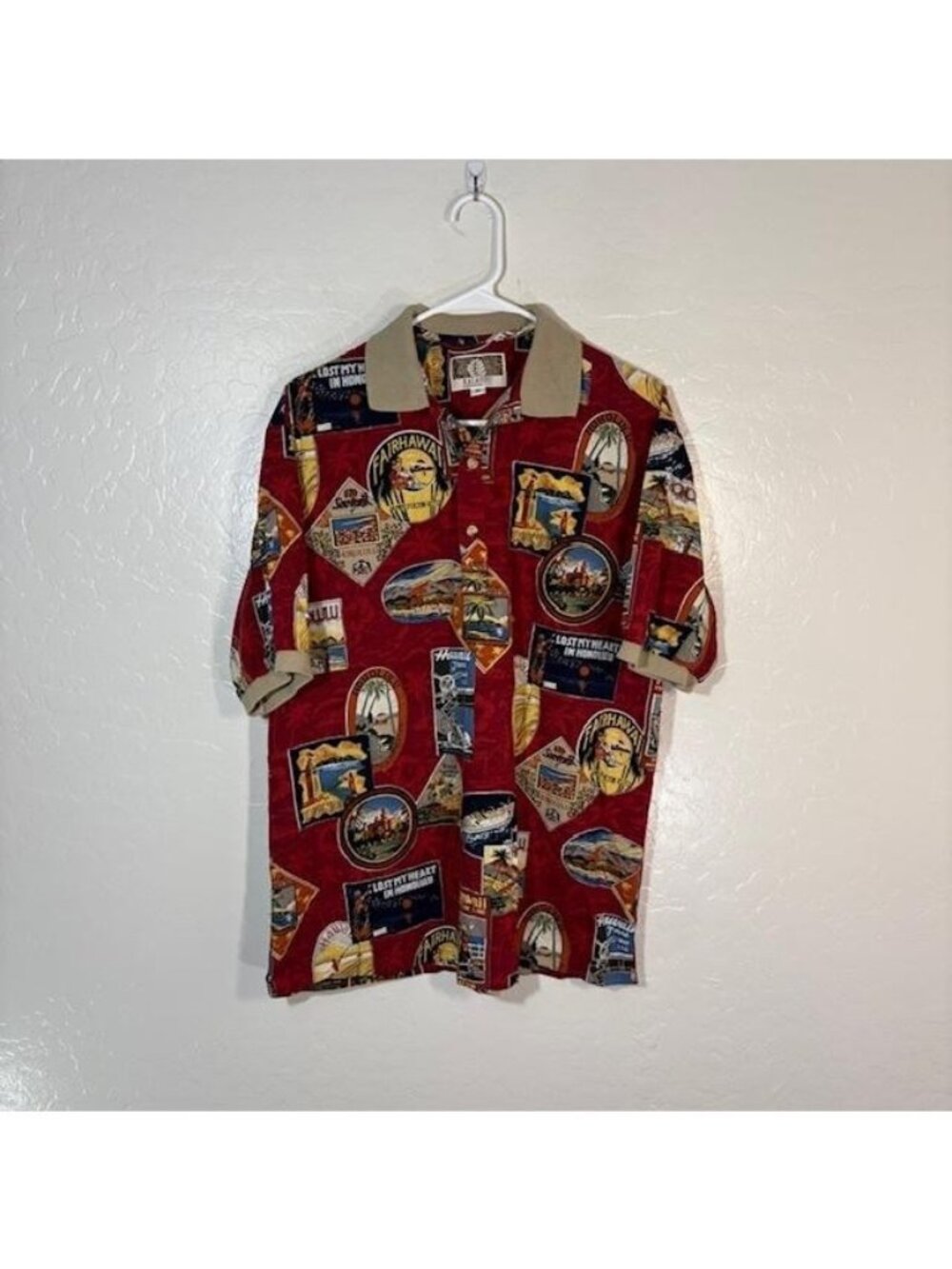 Kalaheo Polo Shirt Mens Medium Red Hawaiian Made in Hawaii USA Rayon Print Hula